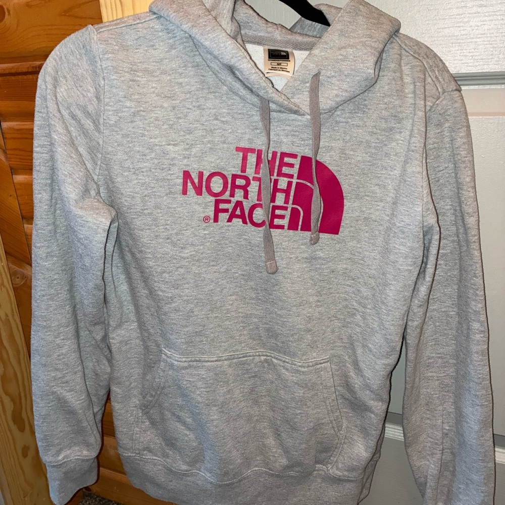 The North Face Heather Gray Hoodie with Pink Accents